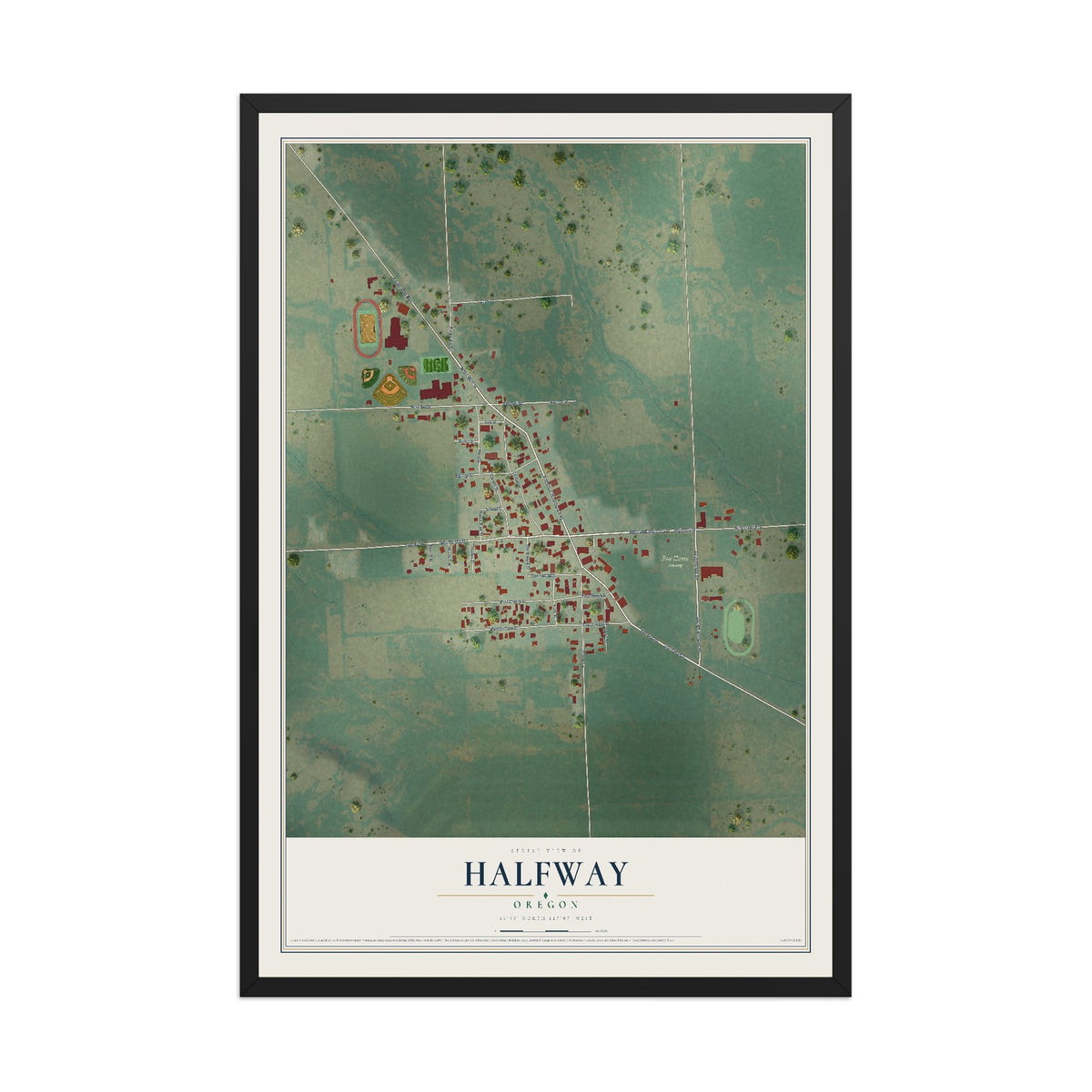 Map of Halfway, Oregon, 12 x 18 inch print in a black wood frame