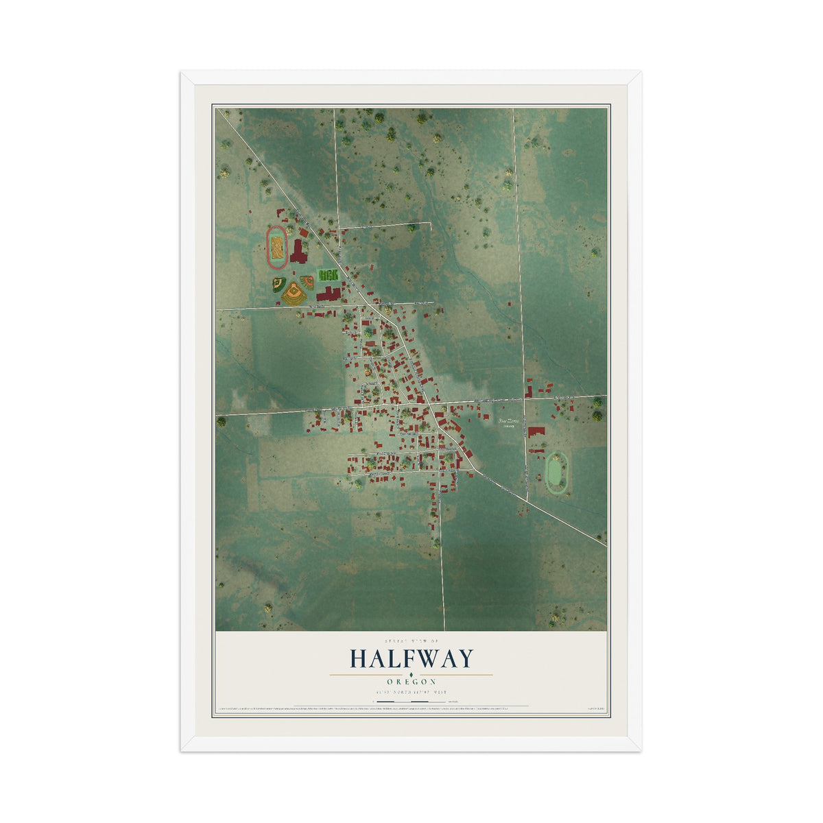 Map of Halfway, Oregon, 12 x 18 inch print in a white wood frame