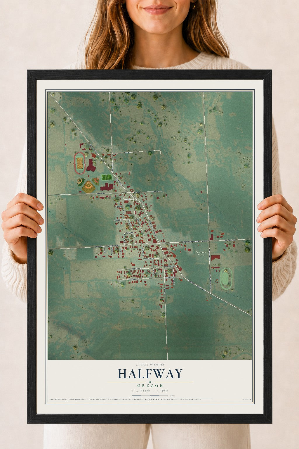 Map of Halfway, Oregon, 18 x 24 inch print in a black wood frame