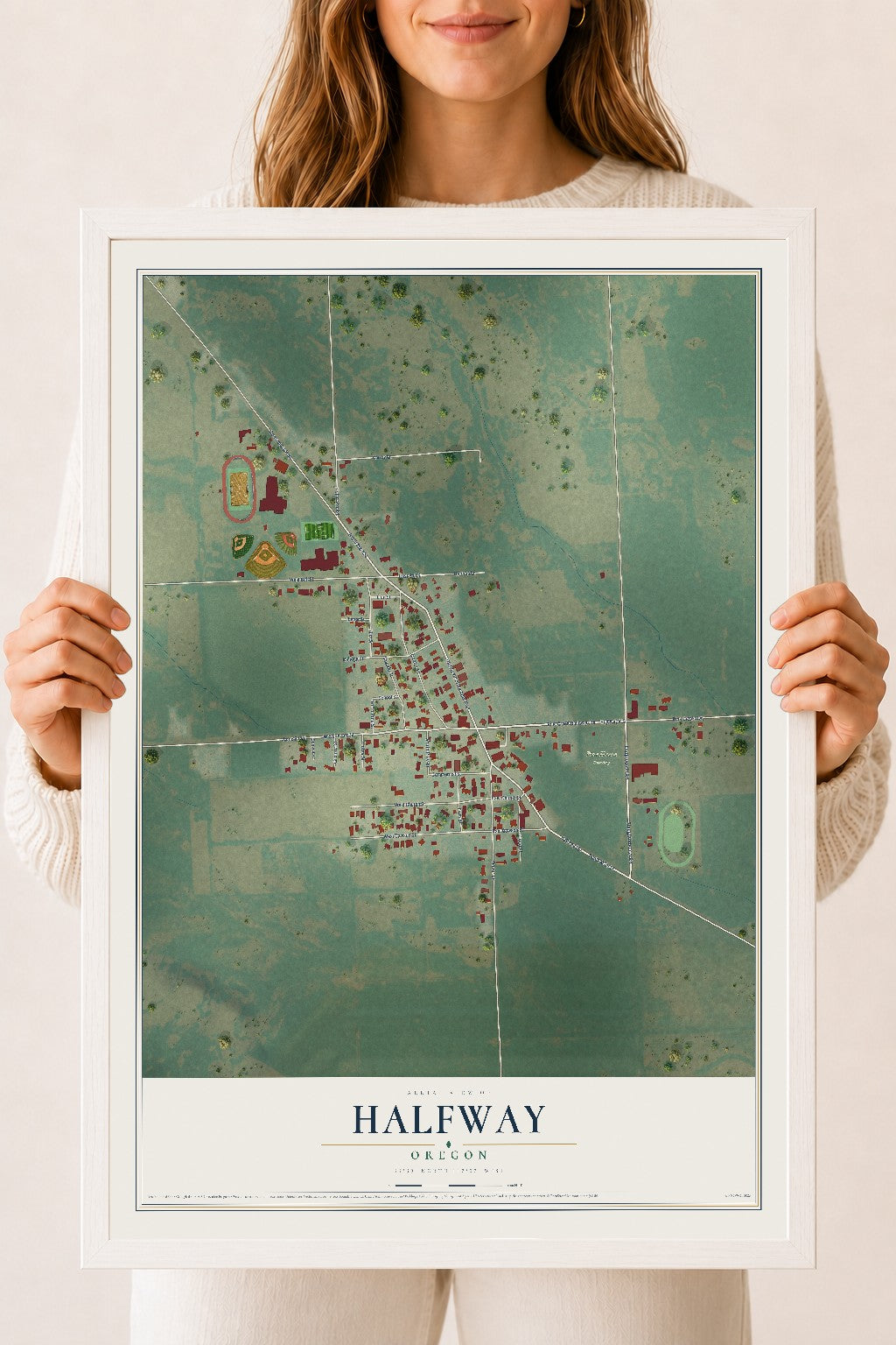 Map of Halfway, Oregon, 18 x 24 inch print in a white wood frame