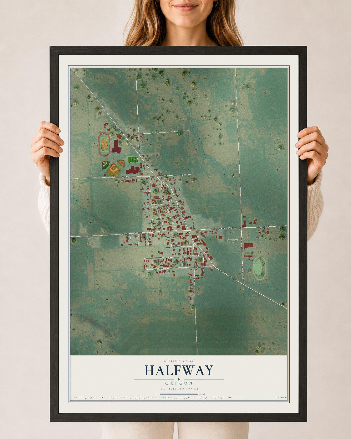 Map of Halfway, Oregon, 24 x 36 inch print in a black wood frame