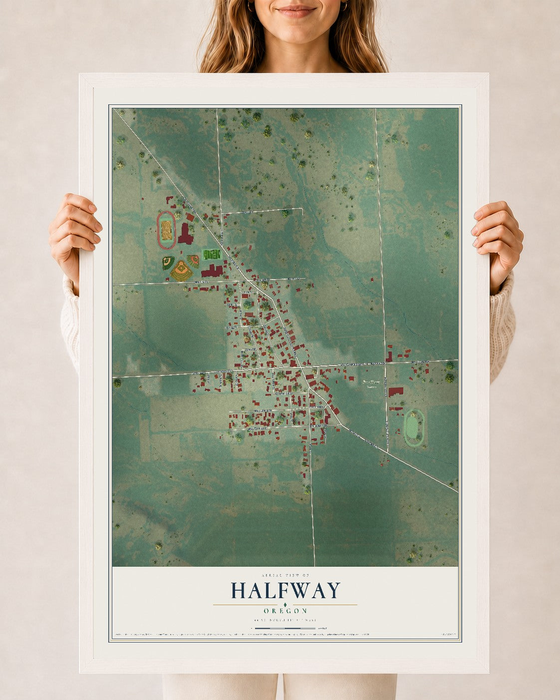 Map of Halfway, Oregon, 24 x 36 inch print in a white wood frame
