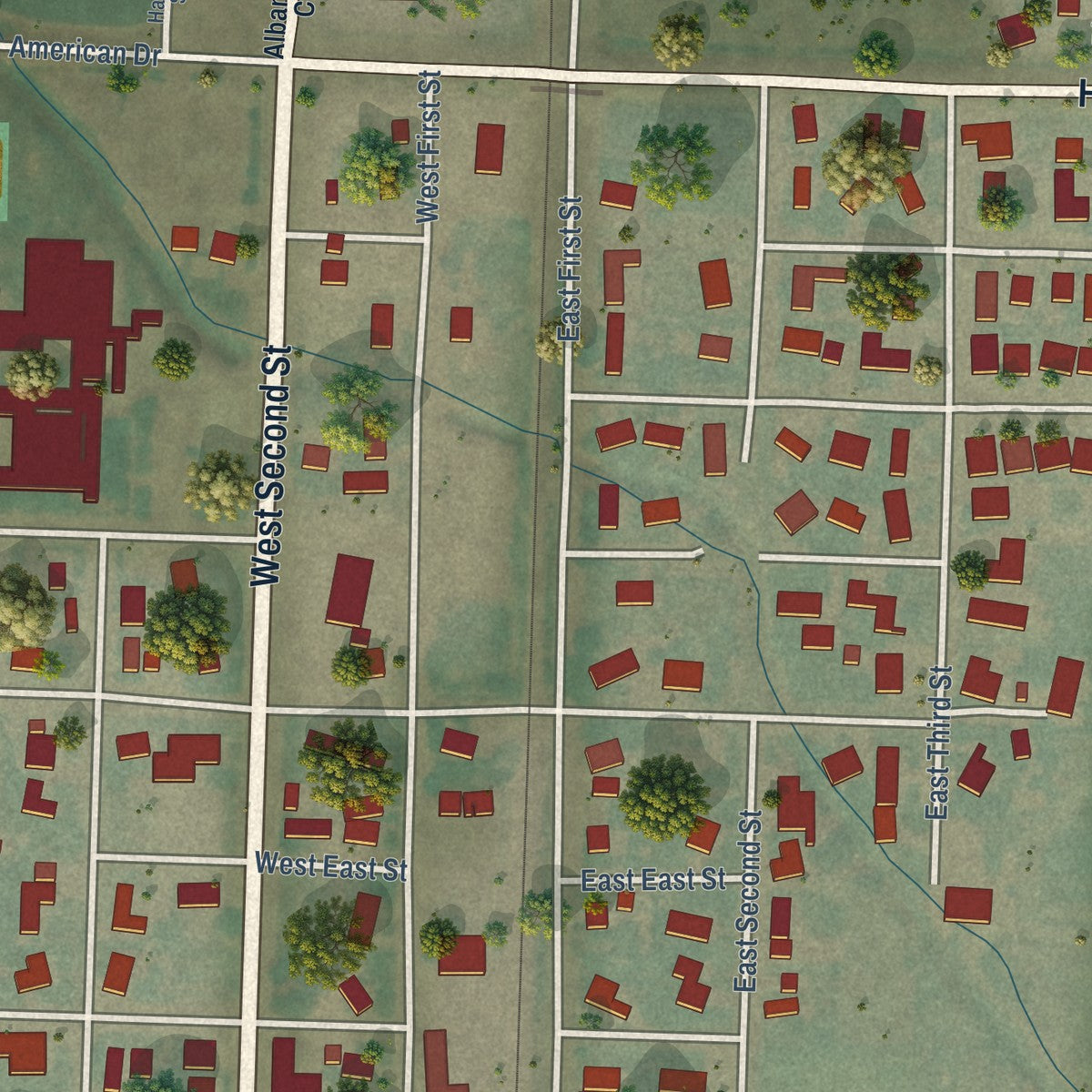 Close-up of the map of Halsey, Oregon print showing street and building detail
