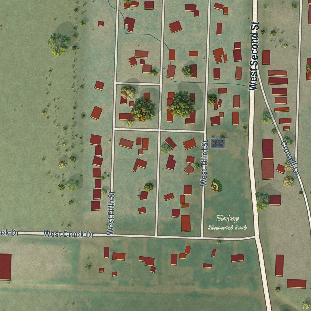 Second close-up of the map of Halsey, Oregon print showing more streets and buildings