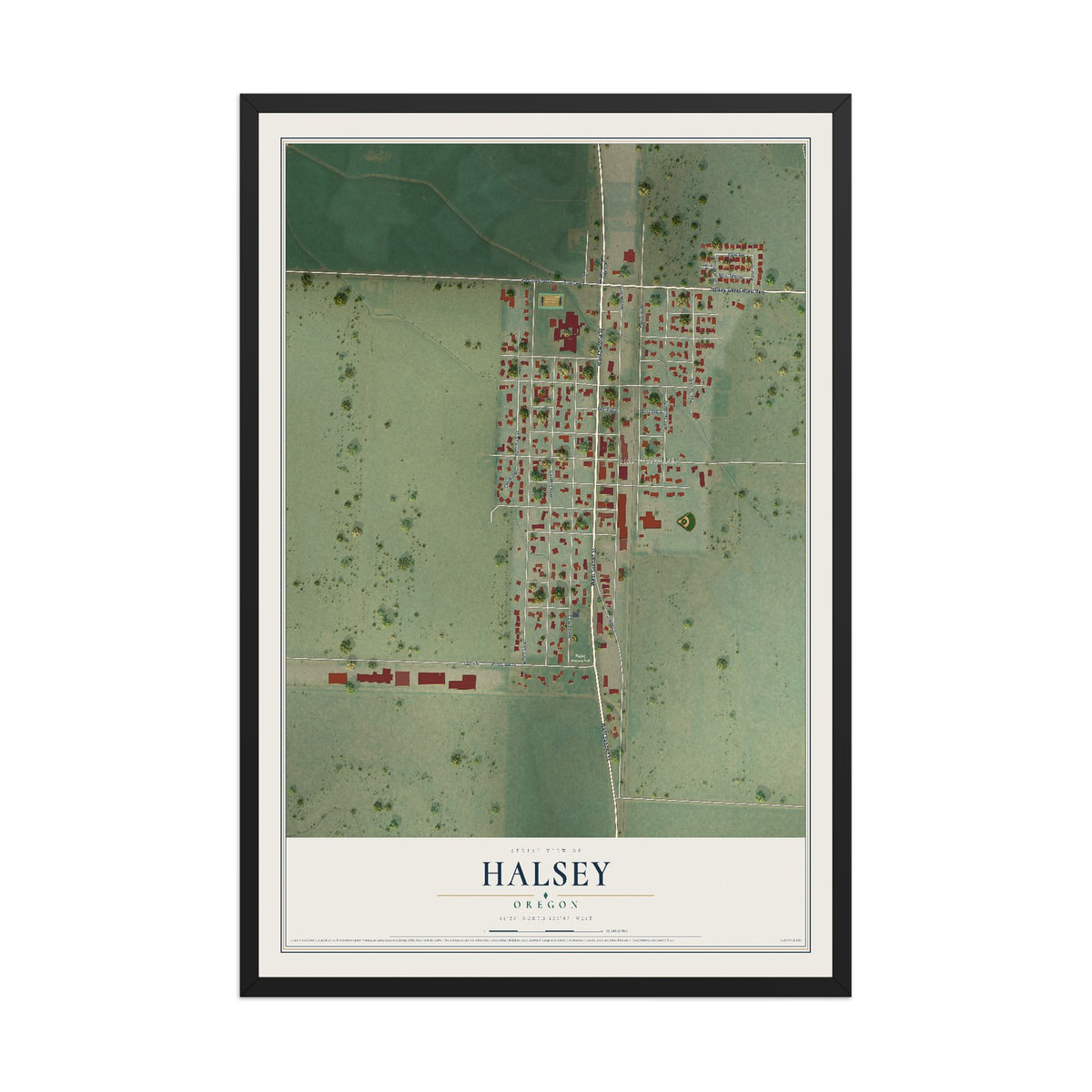 Map of Halsey, Oregon, 12 x 18 inch print in a black wood frame