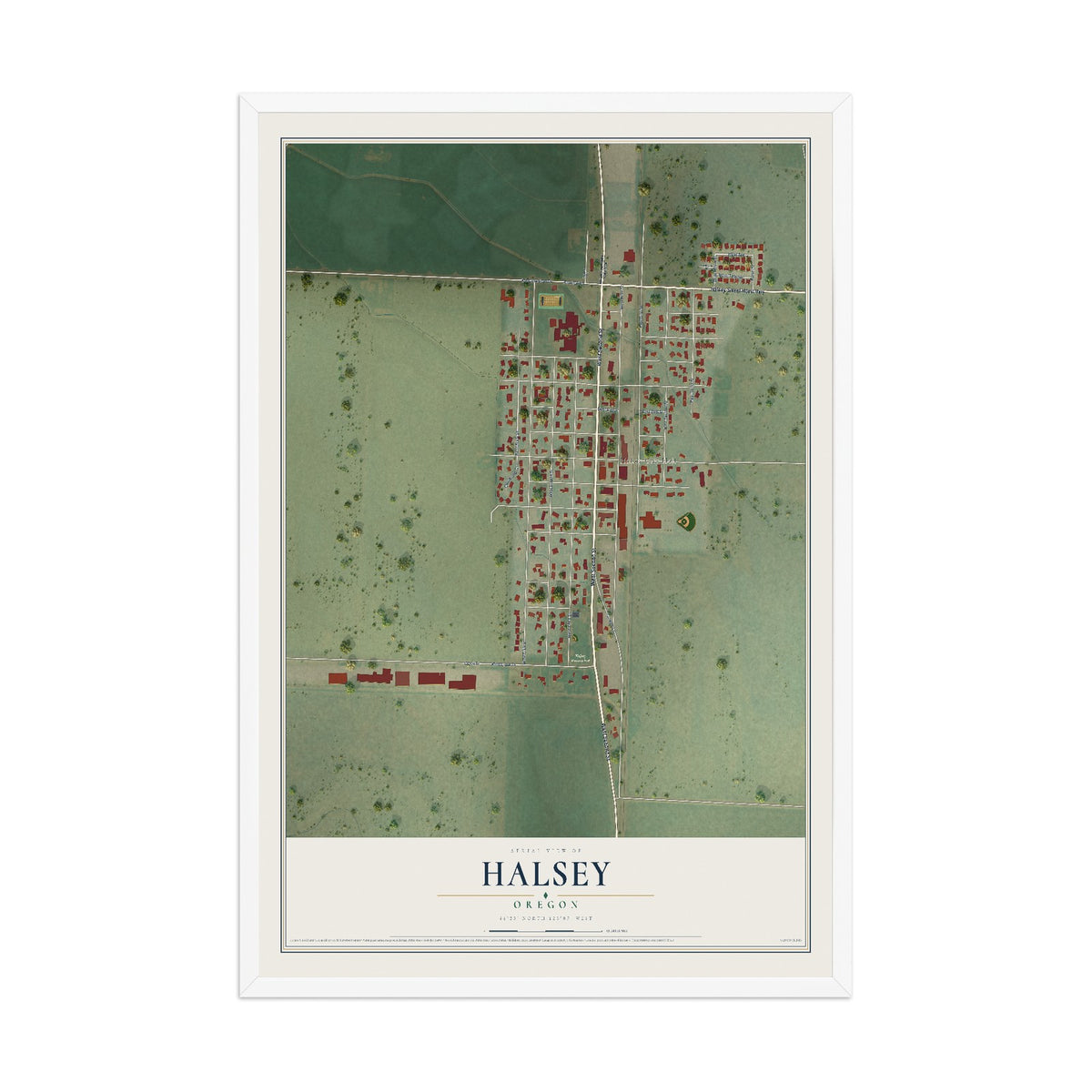 Map of Halsey, Oregon, 12 x 18 inch print in a white wood frame