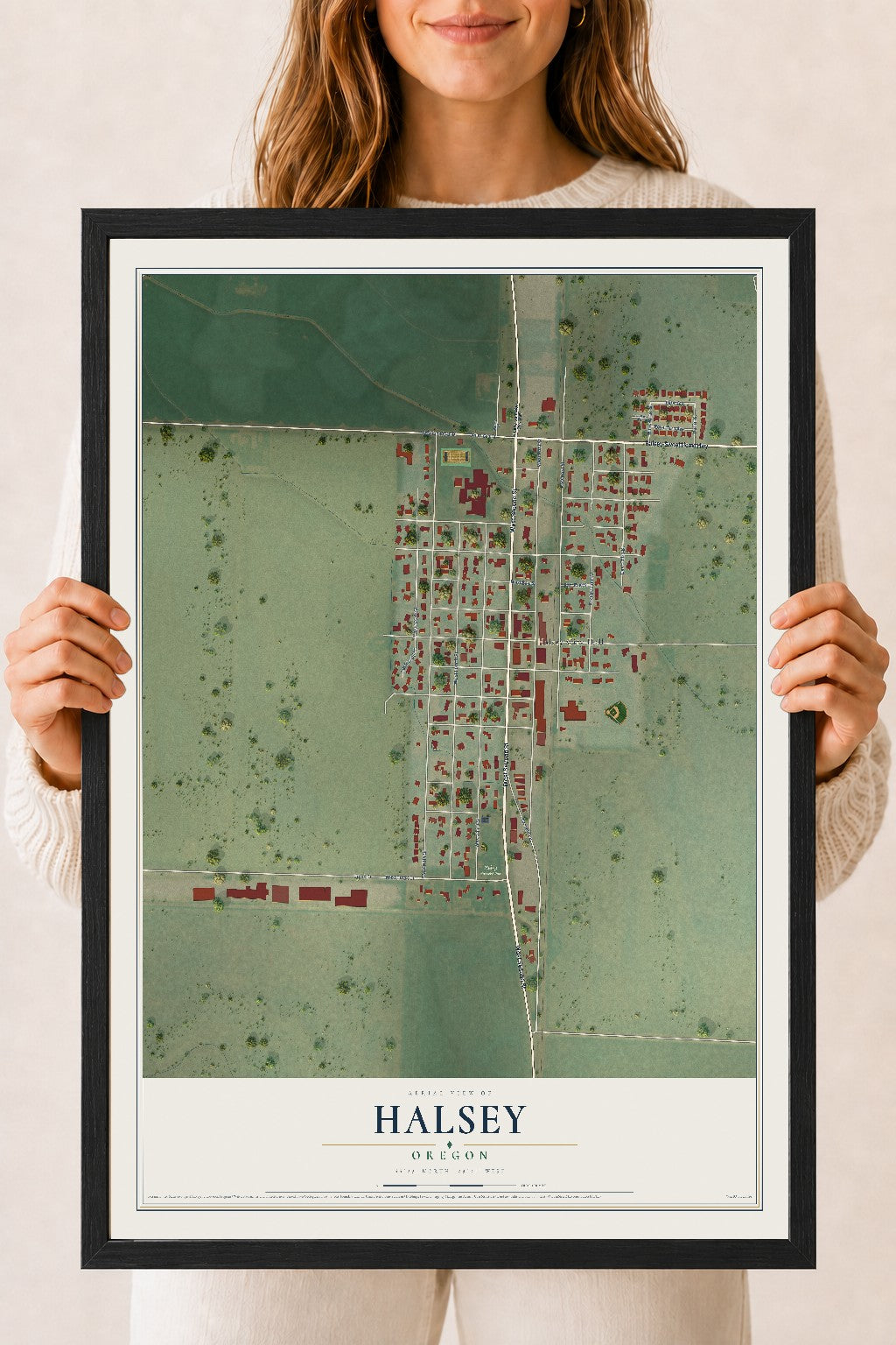 Map of Halsey, Oregon, 18 x 24 inch print in a black wood frame