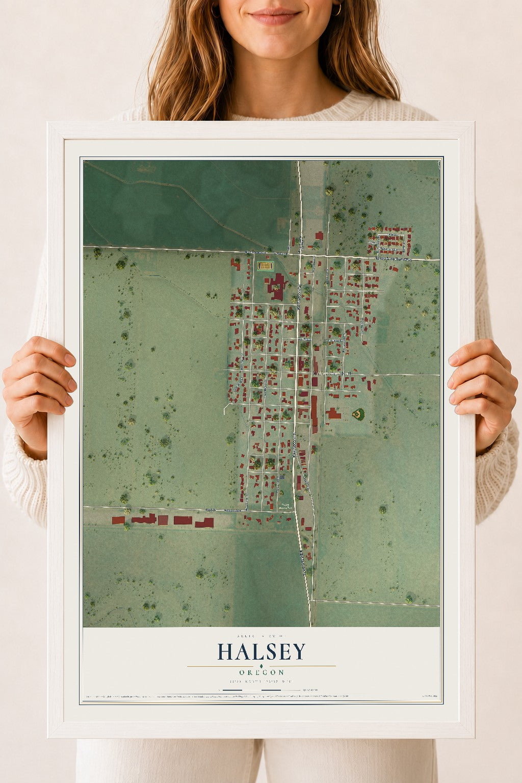Map of Halsey, Oregon, 18 x 24 inch print in a white wood frame