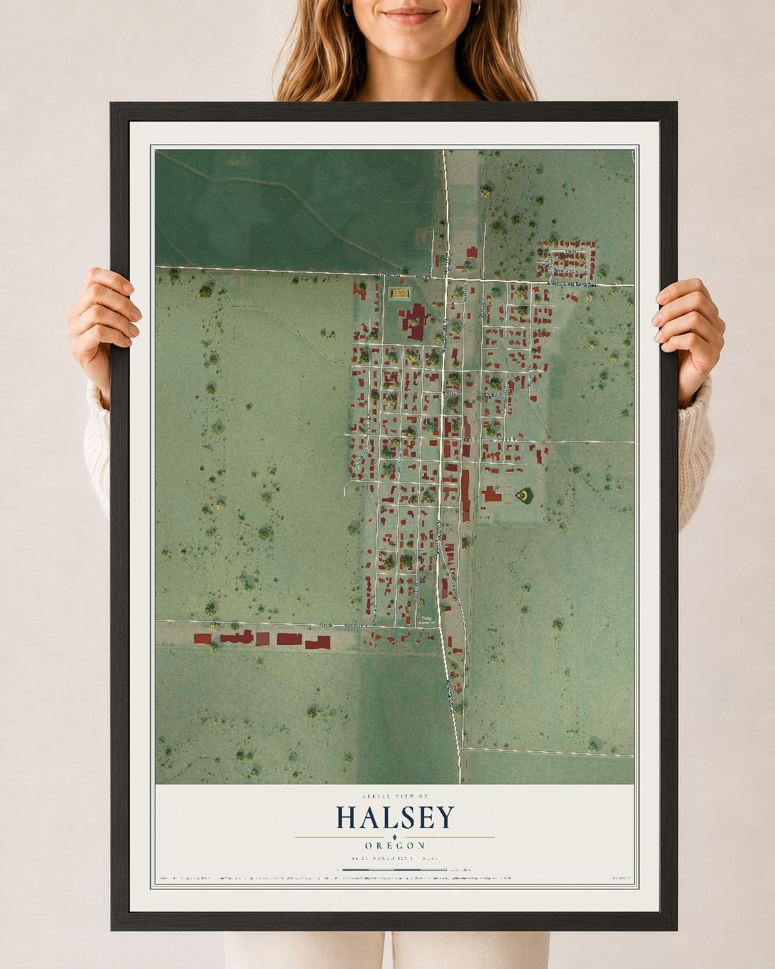 Map of Halsey, Oregon, 24 x 36 inch print in a black wood frame
