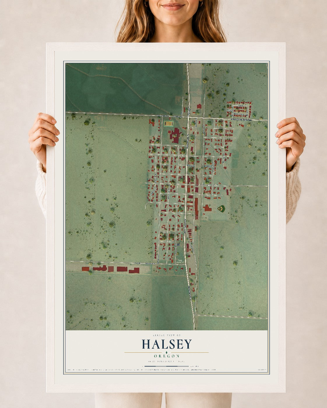 Map of Halsey, Oregon, 24 x 36 inch print in a white wood frame