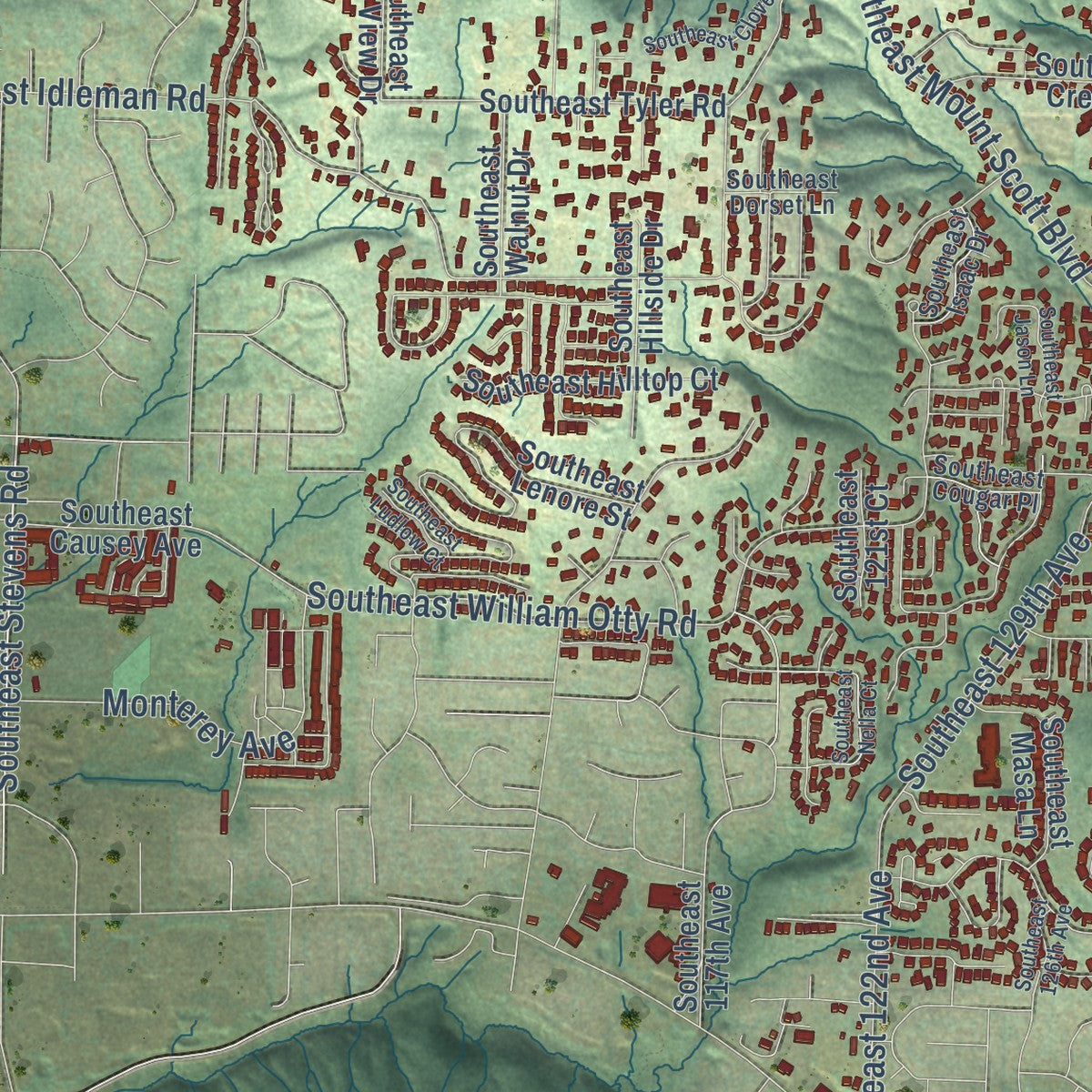 Close-up of the map of Happy Valley, Oregon print showing street and building detail