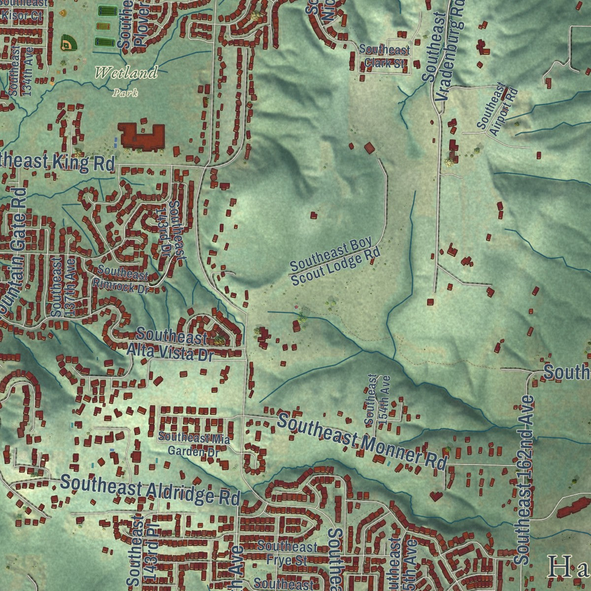 Second close-up of the map of Happy Valley, Oregon print showing more streets and buildings