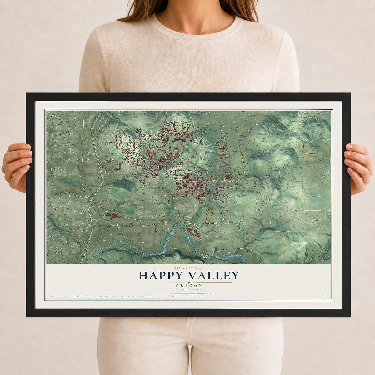 Map of Happy Valley, Oregon, 12 x 18 inch print in a black wood frame