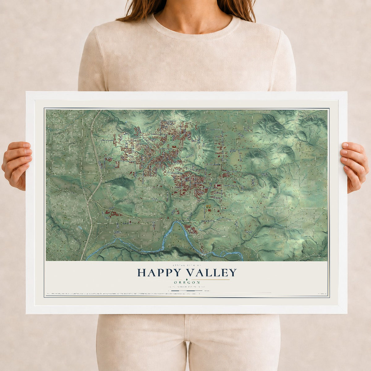Map of Happy Valley, Oregon, 12 x 18 inch print in a white wood frame