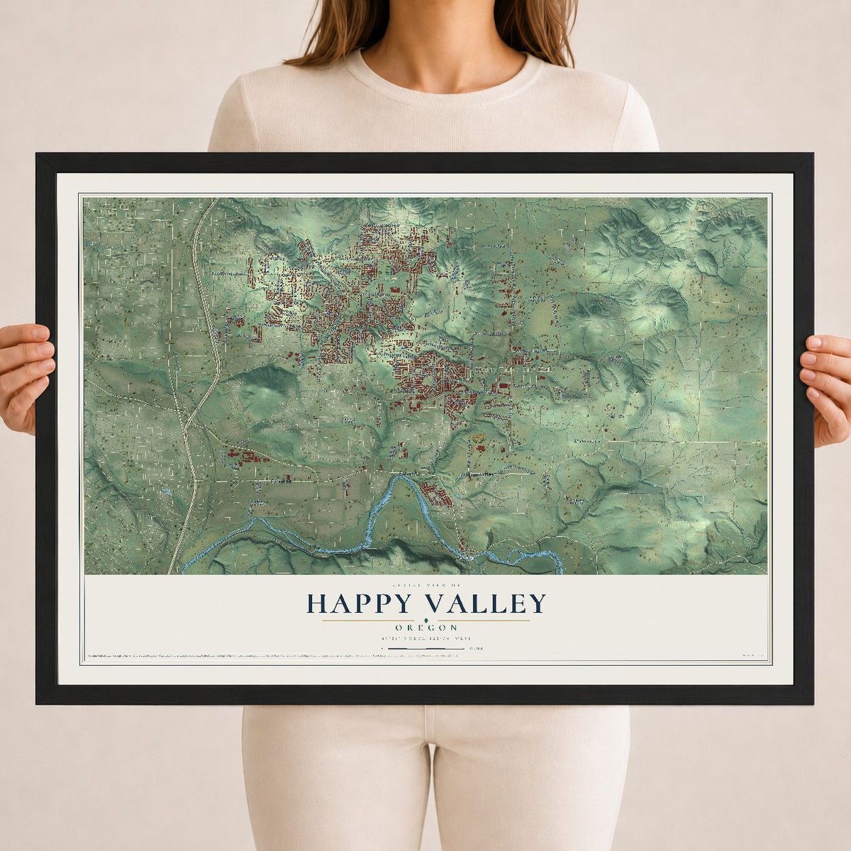Map of Happy Valley, Oregon, 18 x 24 inch print in a black wood frame