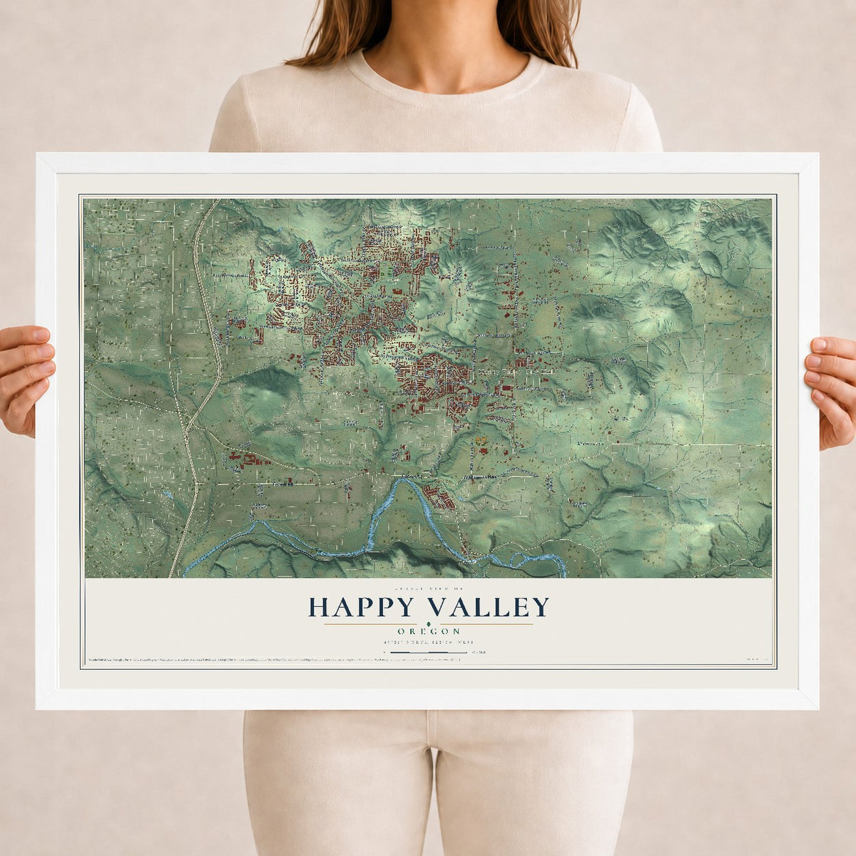 Map of Happy Valley, Oregon, 18 x 24 inch print in a white wood frame