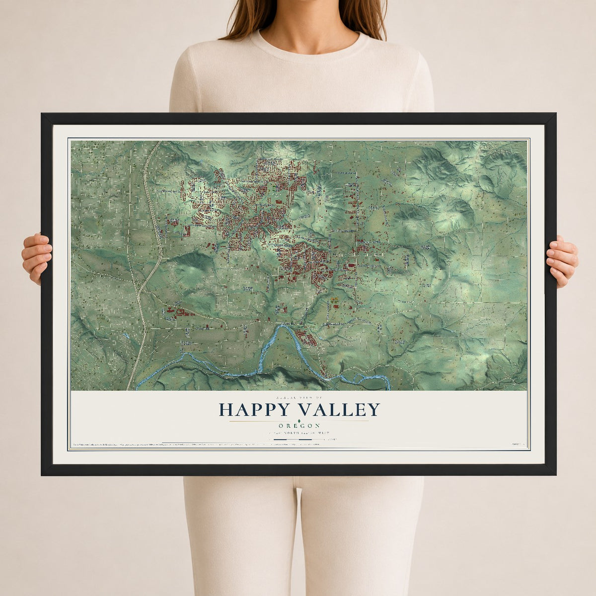 Map of Happy Valley, Oregon, 24 x 36 inch print in a black wood frame