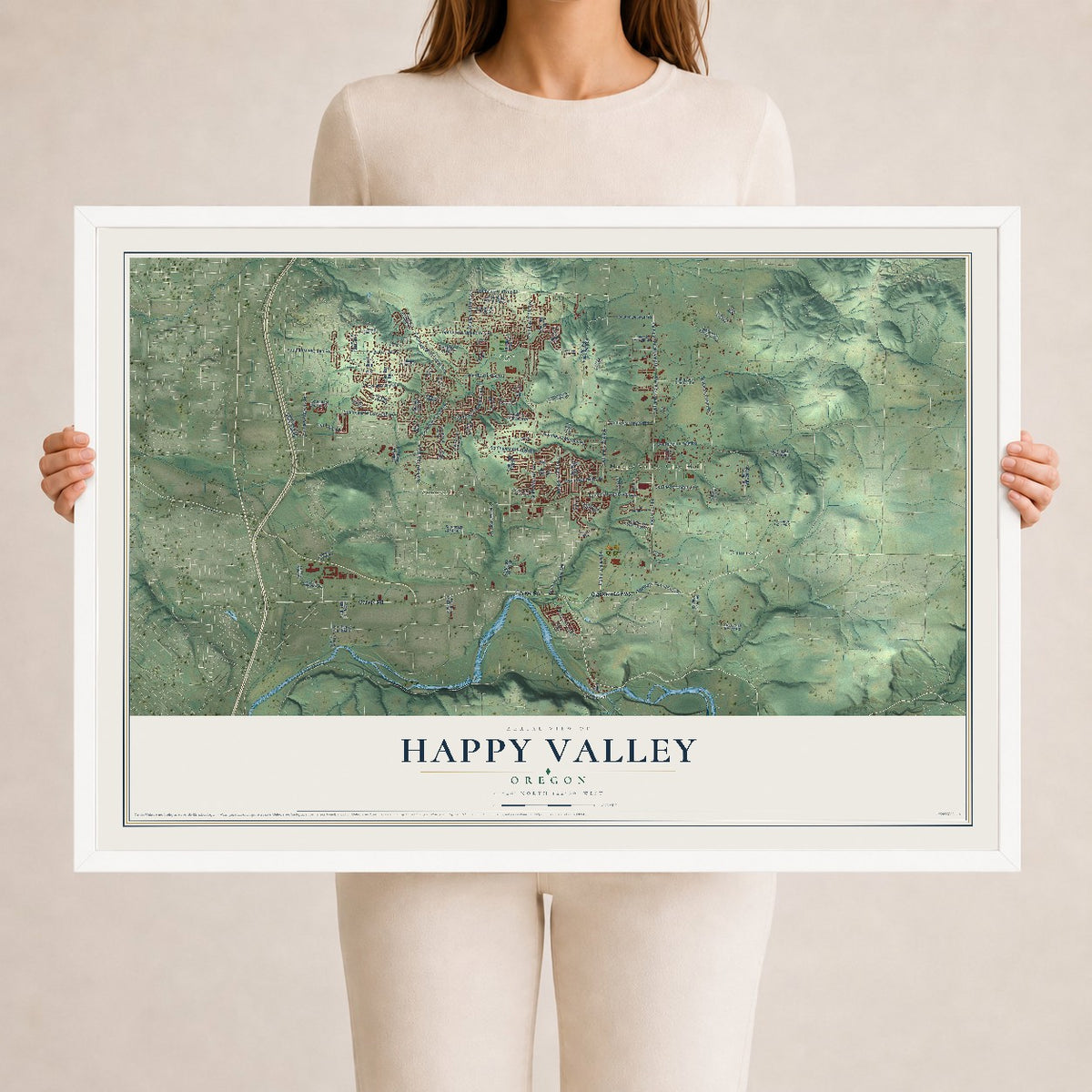 Map of Happy Valley, Oregon, 24 x 36 inch print in a white wood frame