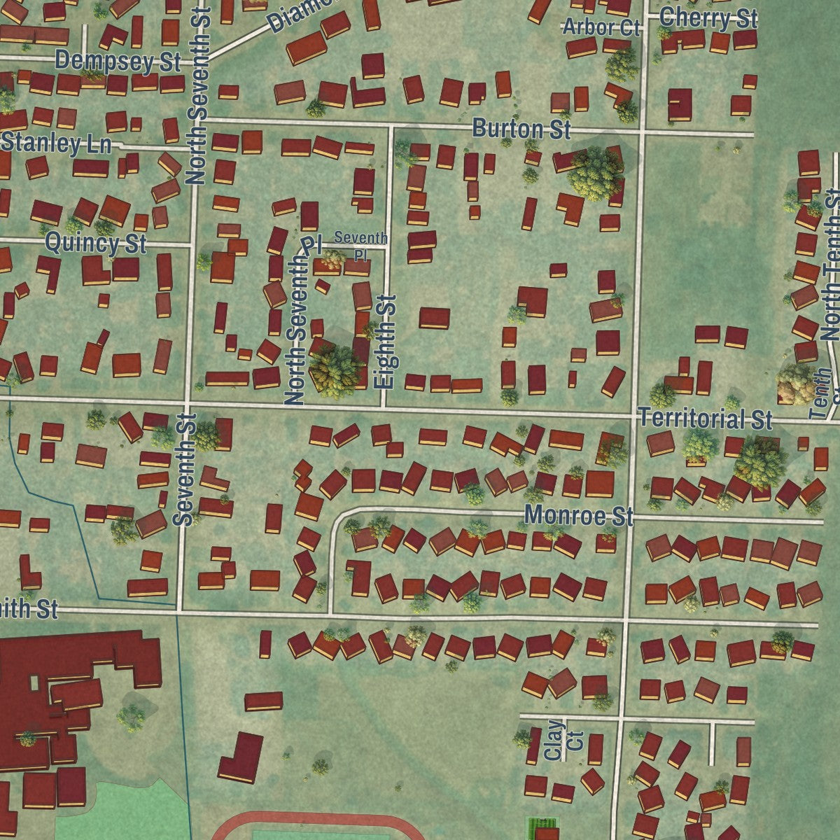 Close-up of the map of Harrisburg, Oregon print showing street and building detail