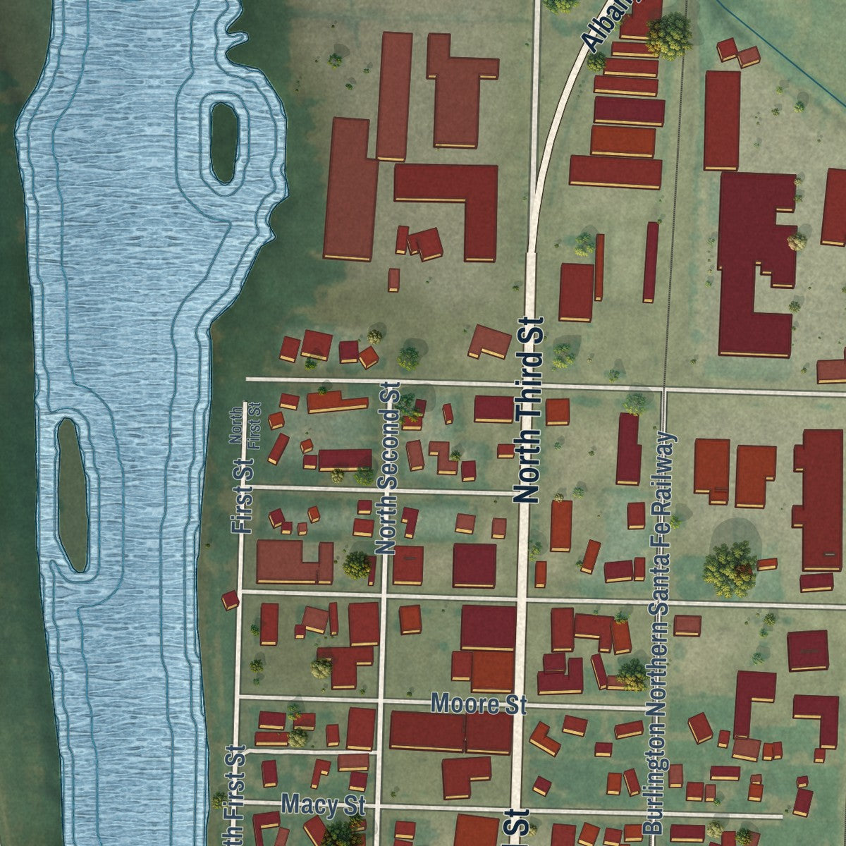 Second close-up of the map of Harrisburg, Oregon print showing more streets and buildings