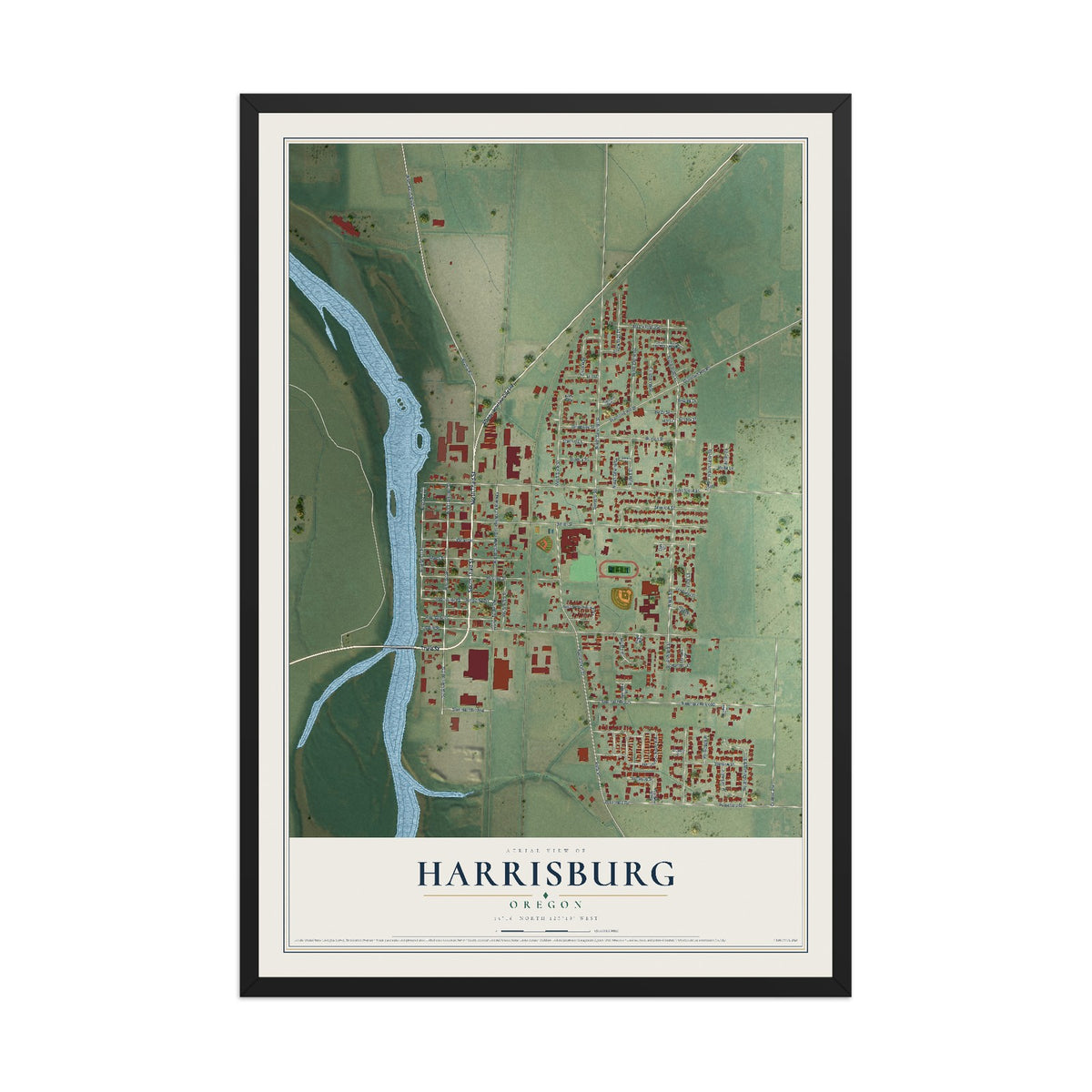 Map of Harrisburg, Oregon, 12 x 18 inch print in a black wood frame