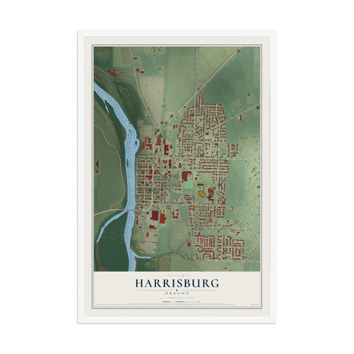 Map of Harrisburg, Oregon, 12 x 18 inch print in a white wood frame