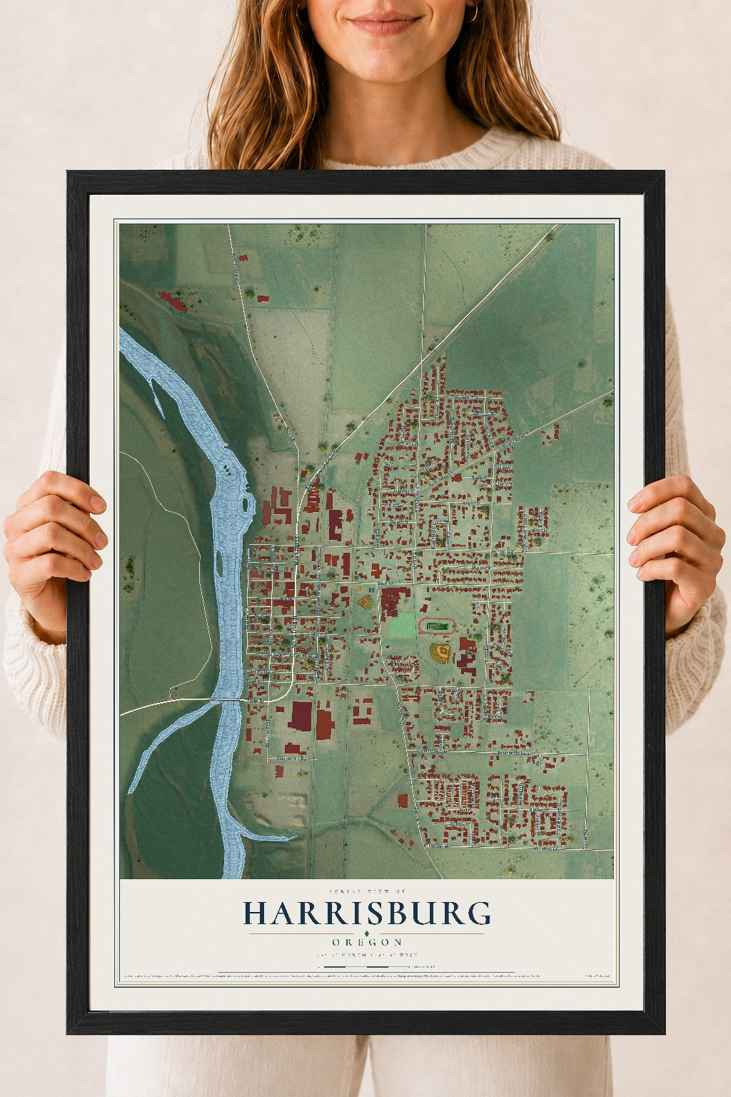 Map of Harrisburg, Oregon, 18 x 24 inch print in a black wood frame