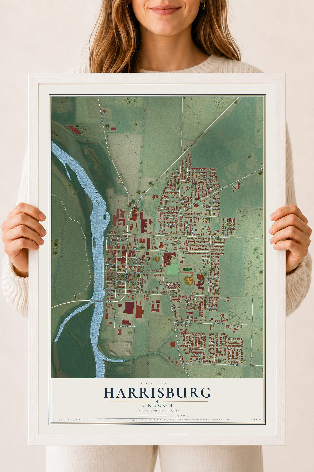 Map of Harrisburg, Oregon, 18 x 24 inch print in a white wood frame