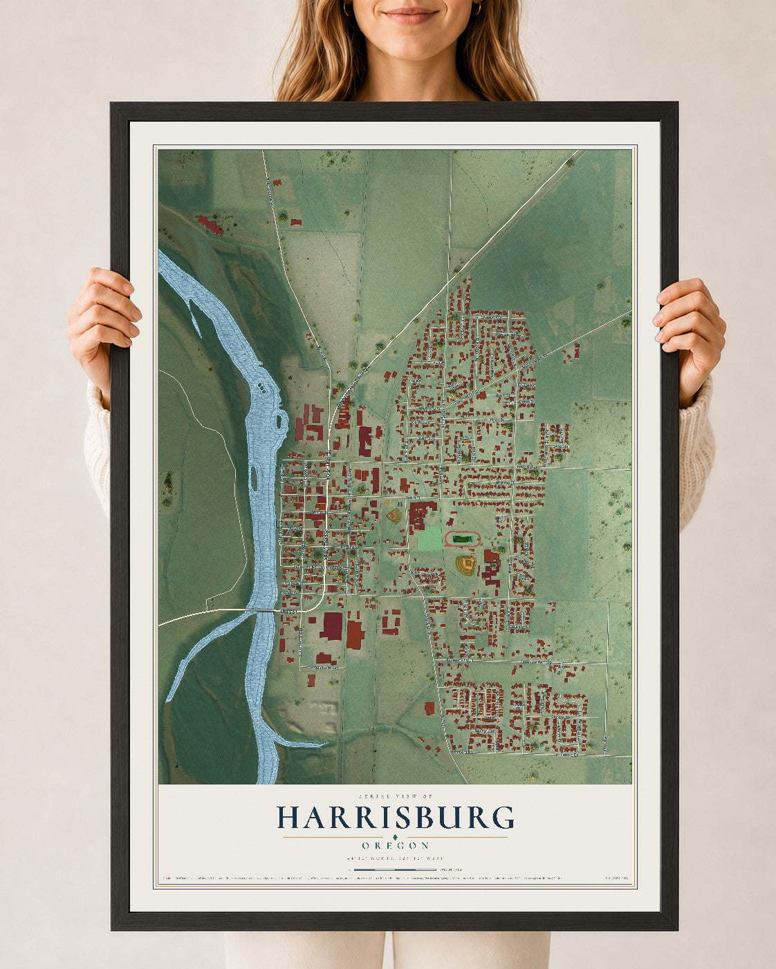 Map of Harrisburg, Oregon, 24 x 36 inch print in a black wood frame