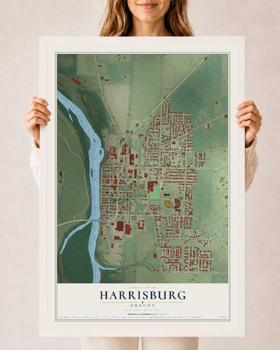 Map of Harrisburg, Oregon, 24 x 36 inch print in a white wood frame