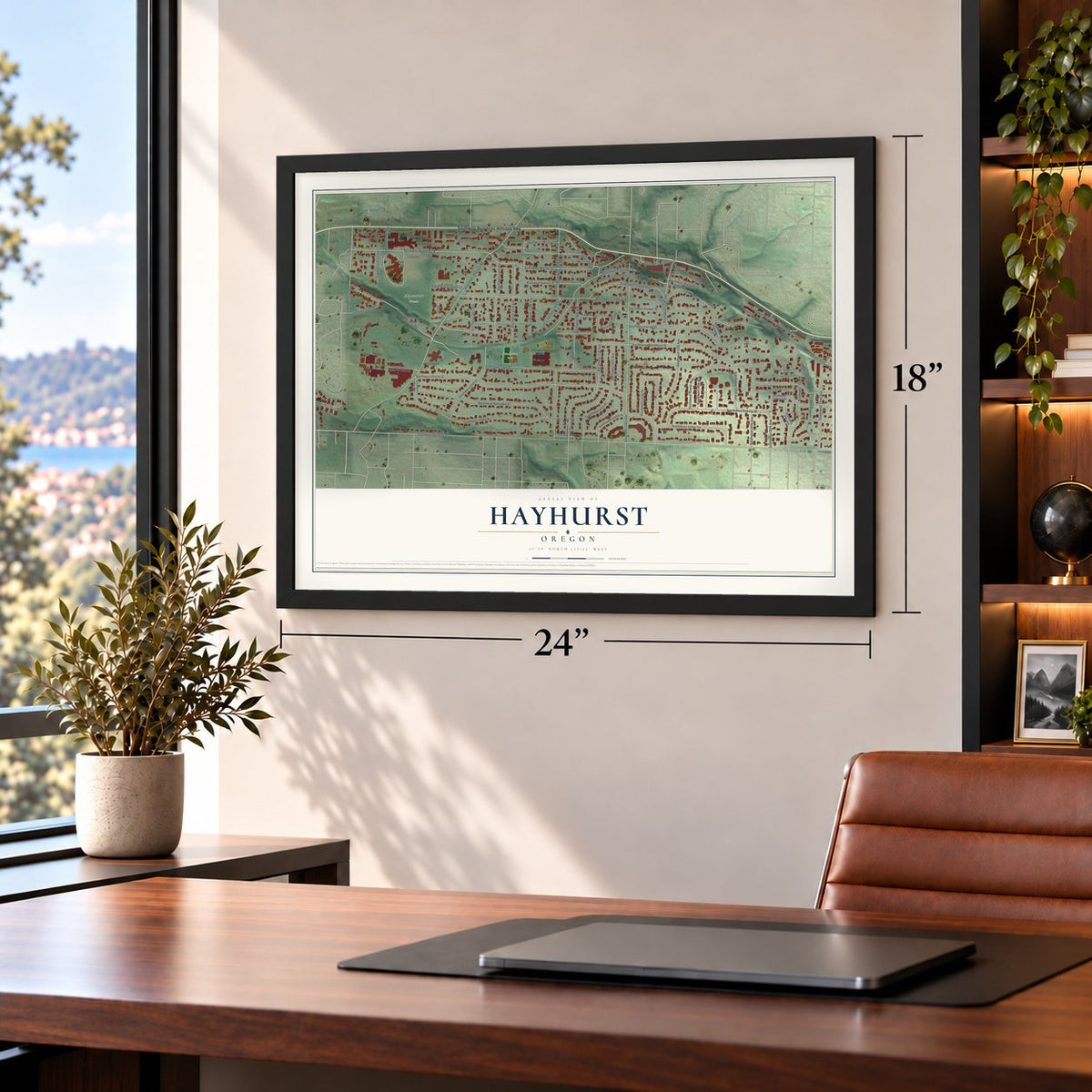 Hayhurst, Oregon map, 18 x 24 inch print in a black frame in a home office