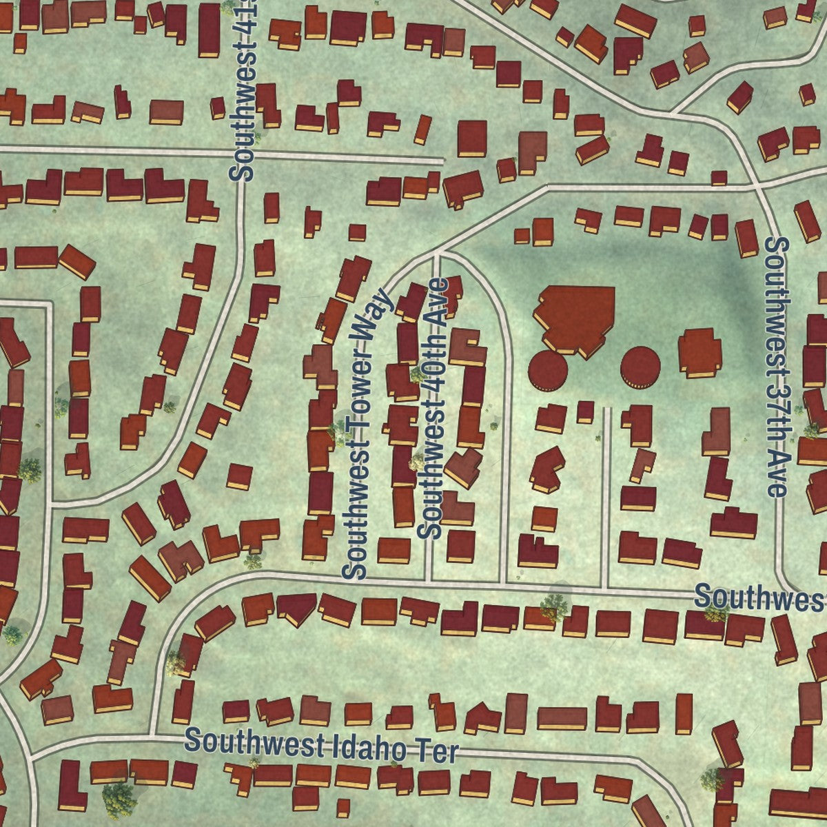 Close-up of the map of Hayhurst, Oregon print showing street and building detail