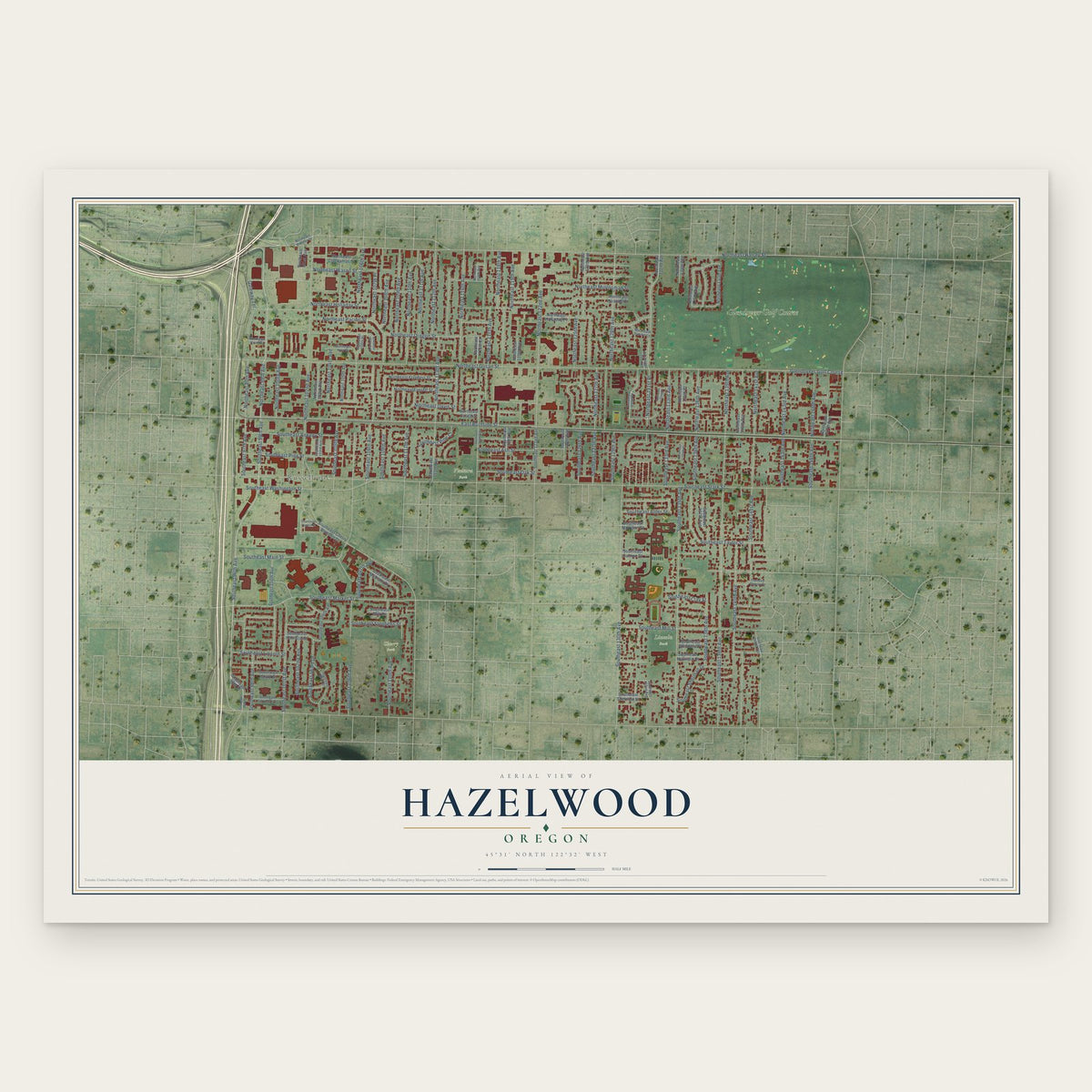 Hazelwood, Oregon map print, the full design