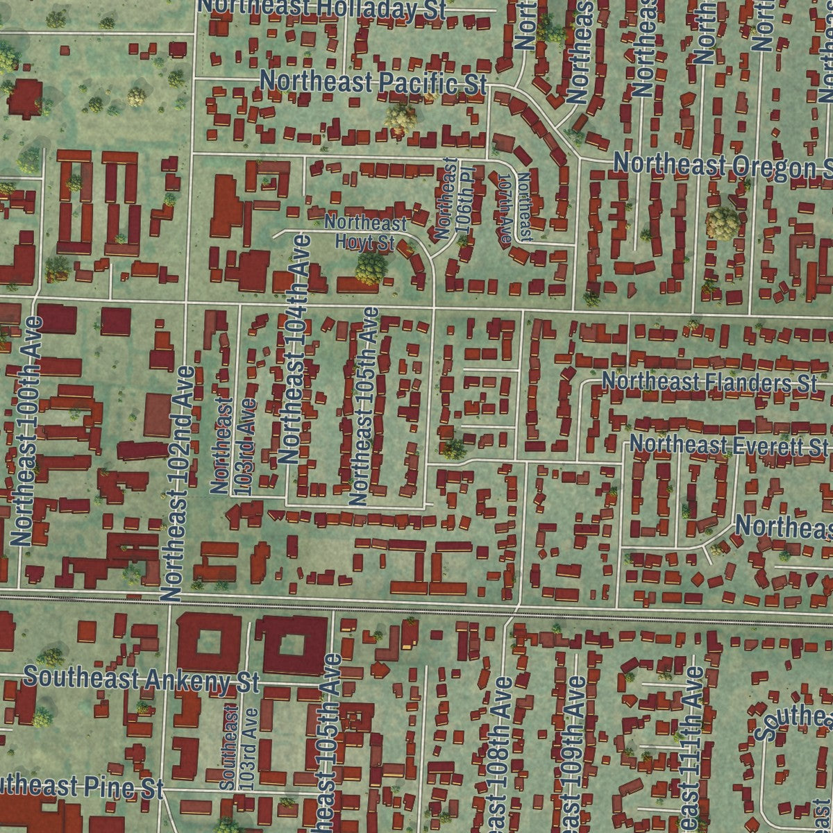 Close-up of the map of Hazelwood, Oregon print showing street and building detail