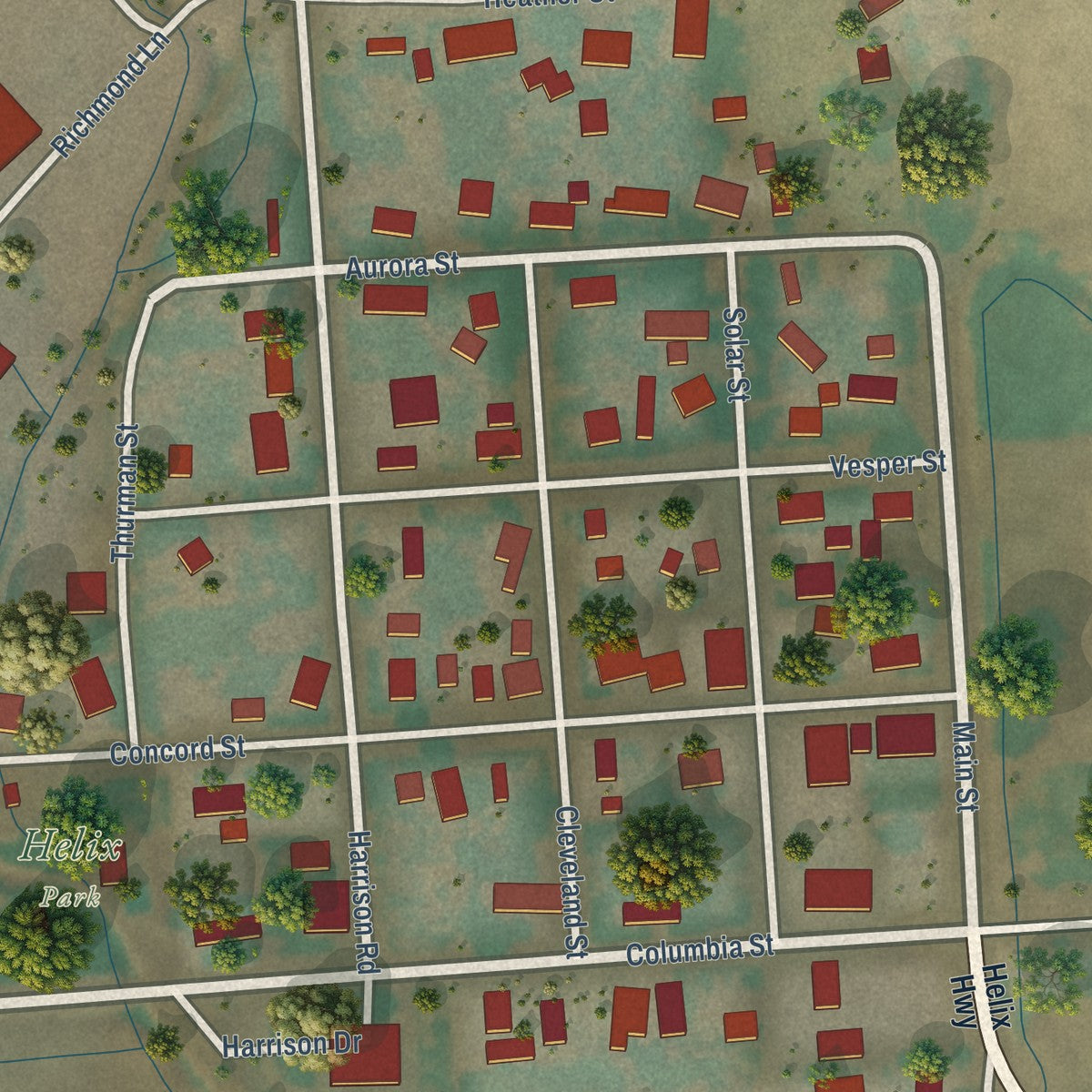 Close-up of the map of Helix, Oregon print showing street and building detail