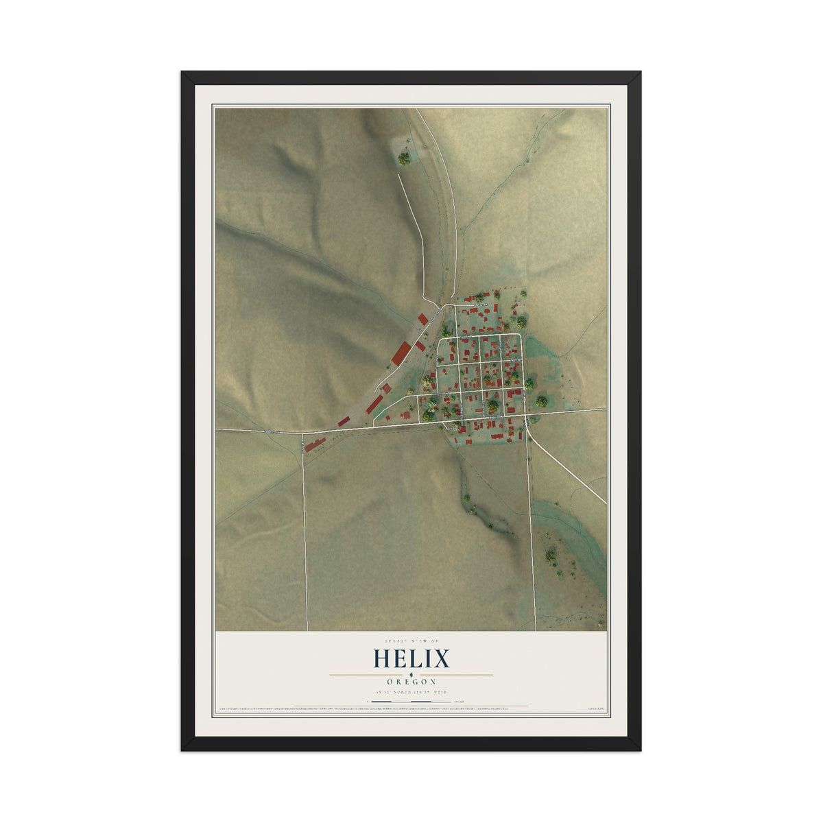 Map of Helix, Oregon, 12 x 18 inch print in a black wood frame