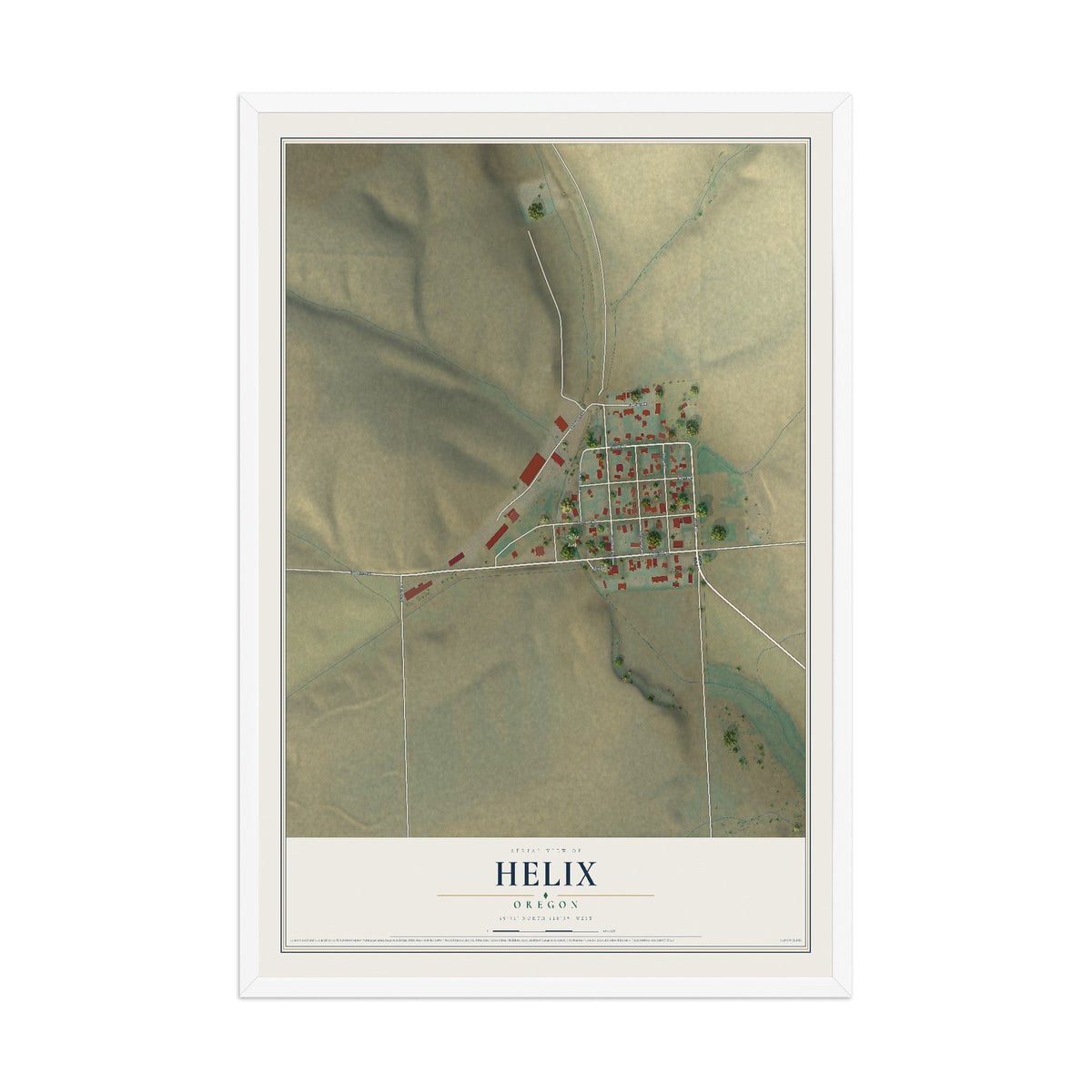 Map of Helix, Oregon, 12 x 18 inch print in a white wood frame