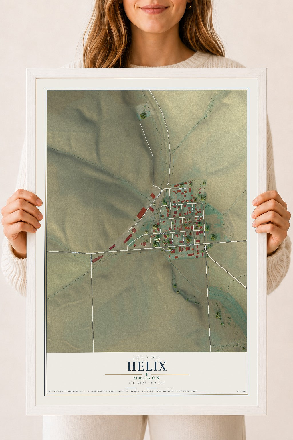 Map of Helix, Oregon, 18 x 24 inch print in a white wood frame