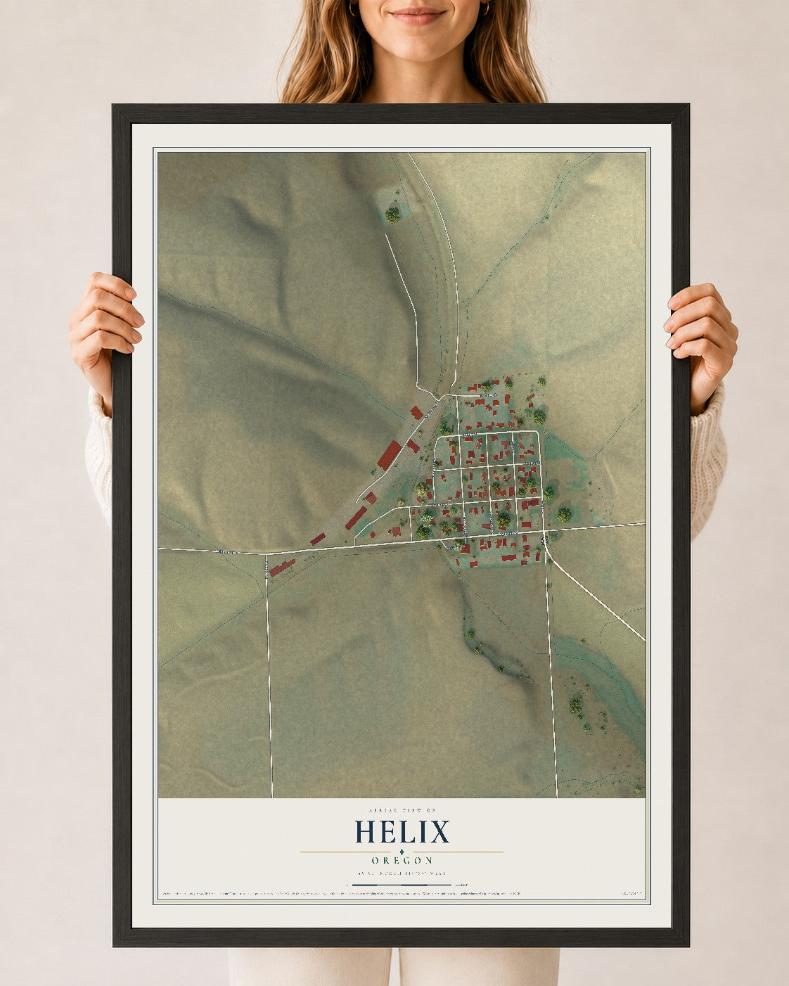 Map of Helix, Oregon, 24 x 36 inch print in a black wood frame