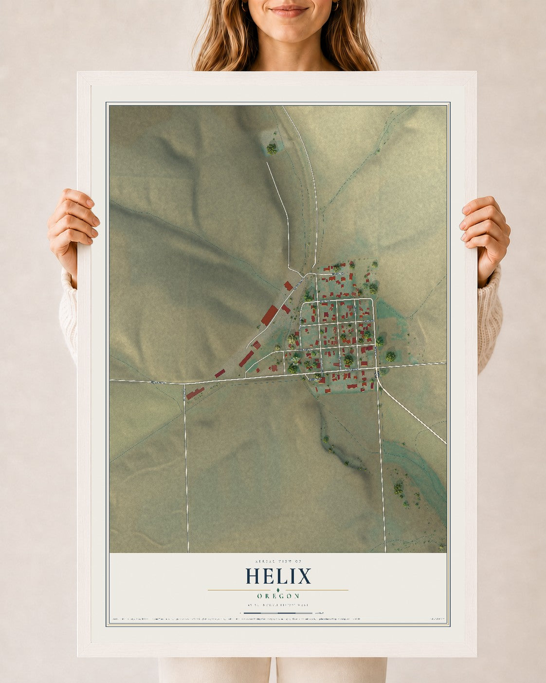 Map of Helix, Oregon, 24 x 36 inch print in a white wood frame