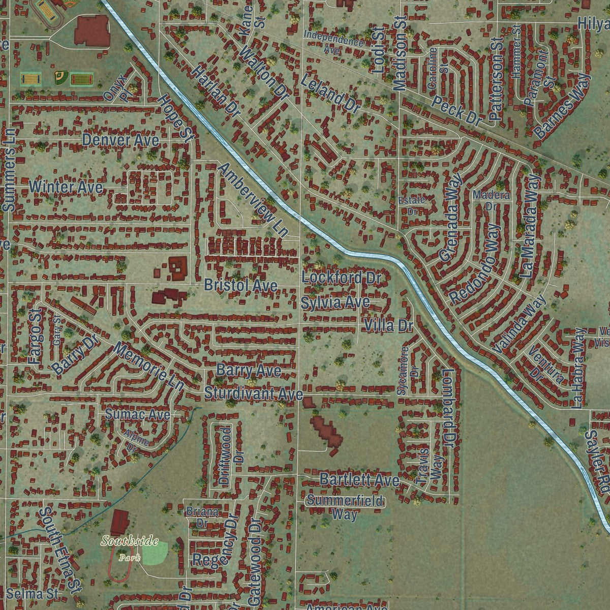 Close-up of the map of Henley, Oregon print showing street and building detail