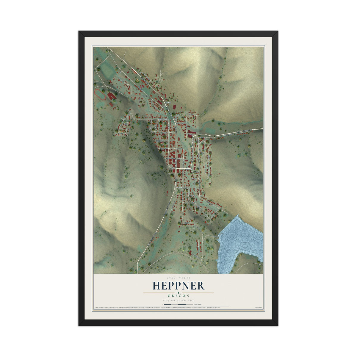 Map of Heppner, Oregon, 12 x 18 inch print in a black wood frame