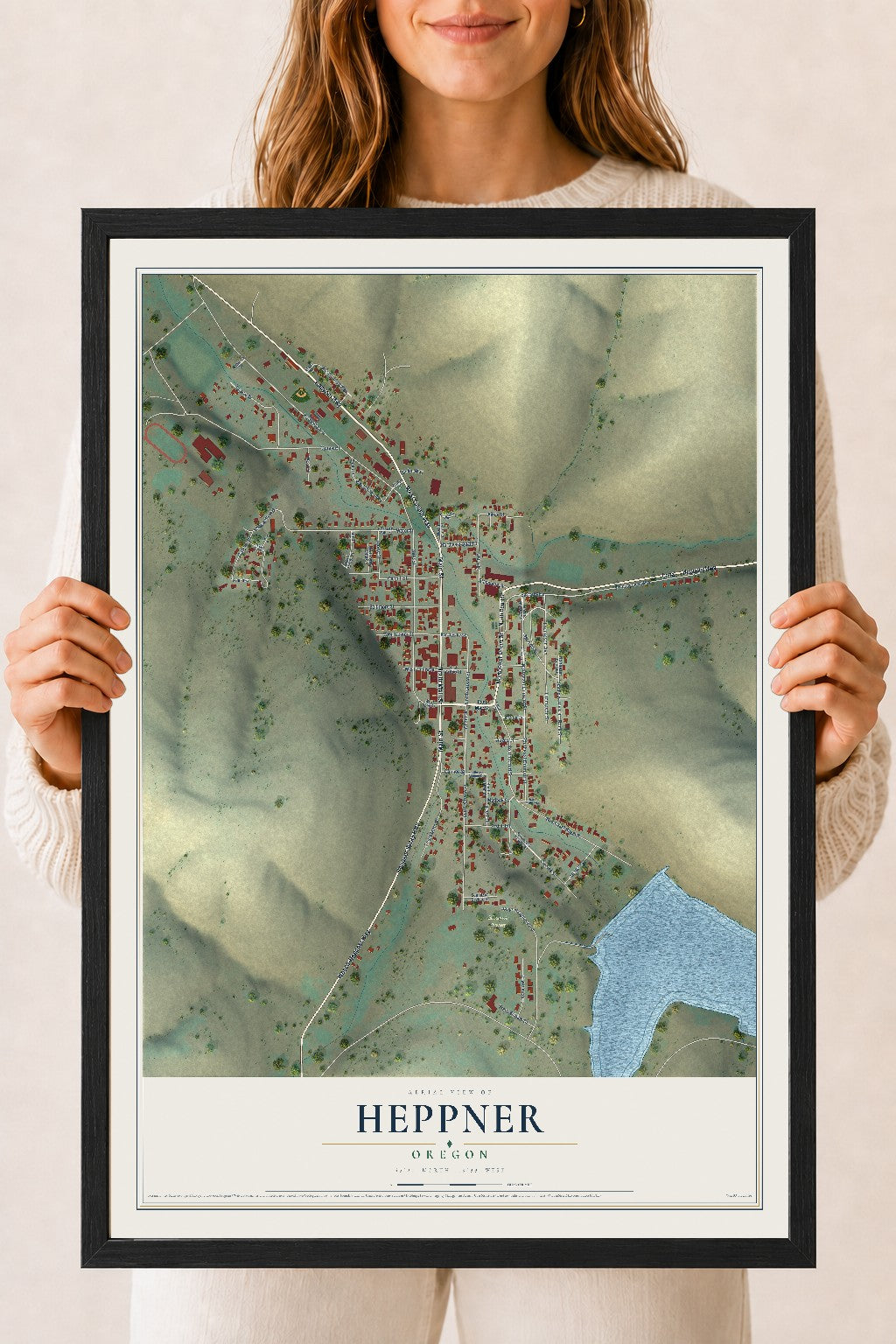 Map of Heppner, Oregon, 18 x 24 inch print in a black wood frame
