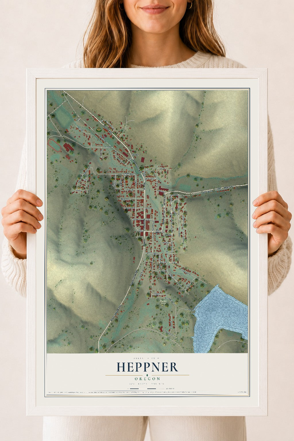 Map of Heppner, Oregon, 18 x 24 inch print in a white wood frame