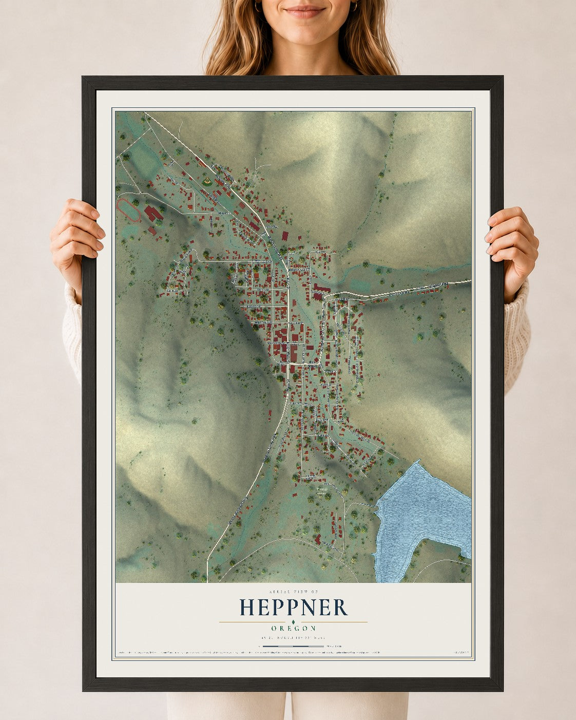 Map of Heppner, Oregon, 24 x 36 inch print in a black wood frame