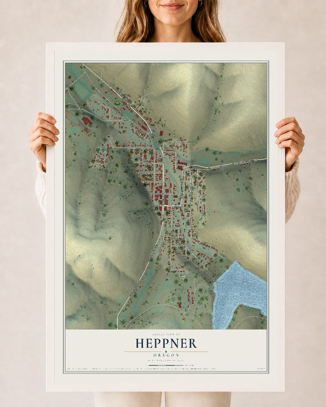 Map of Heppner, Oregon, 24 x 36 inch print in a white wood frame