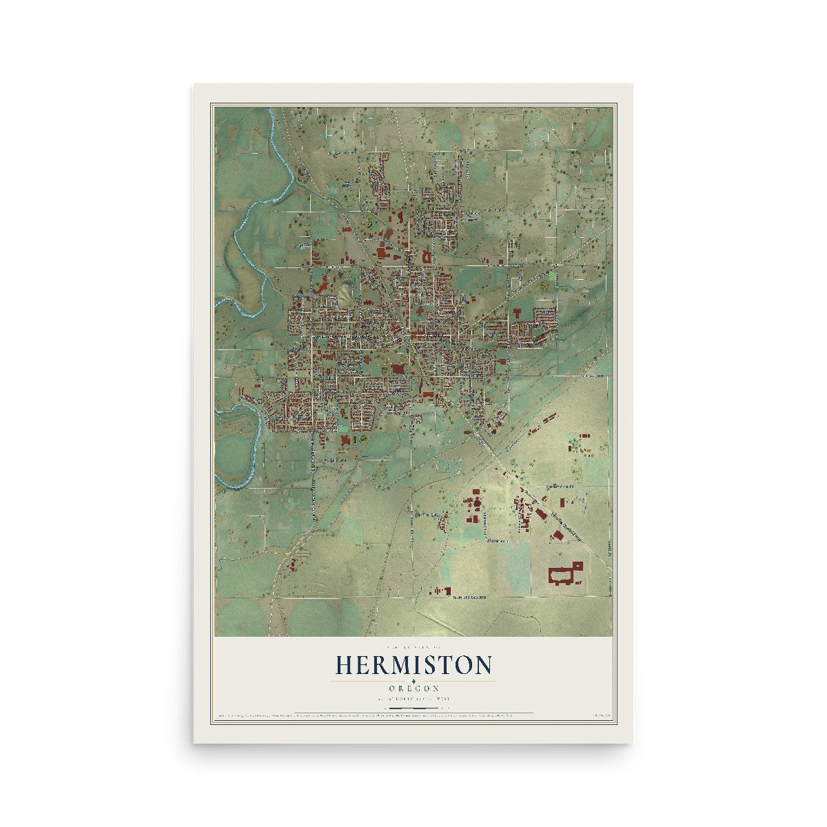 Map of Hermiston, Oregon, 12 x 18 inch unframed archival matte print