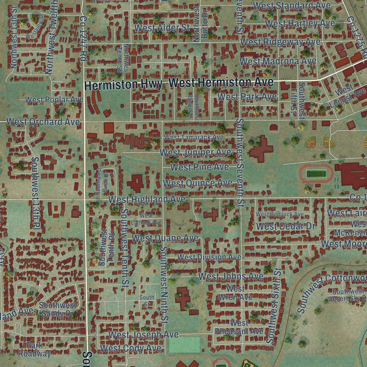 Close-up of the map of Hermiston, Oregon print showing street and building detail