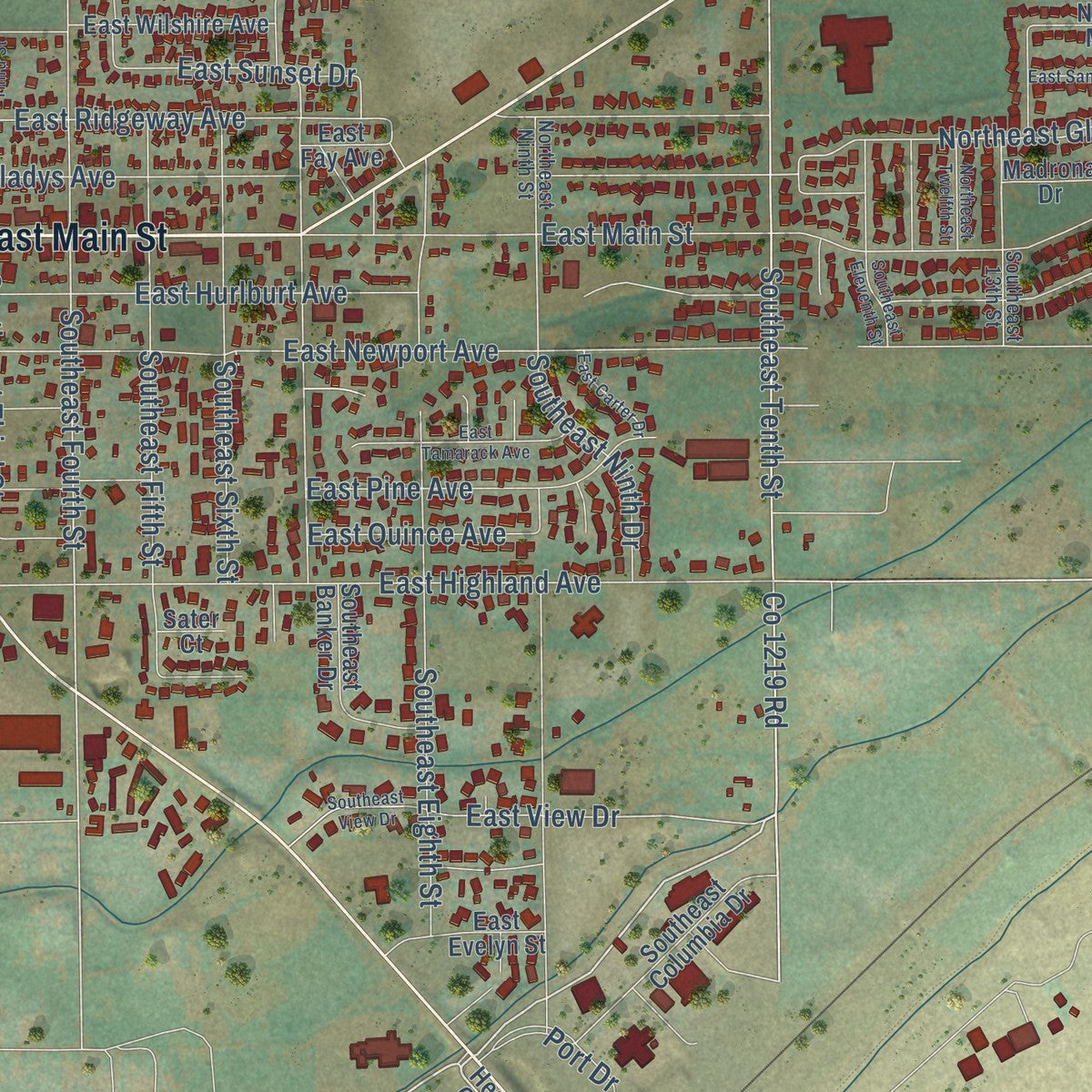 Second close-up of the map of Hermiston, Oregon print showing more streets and buildings