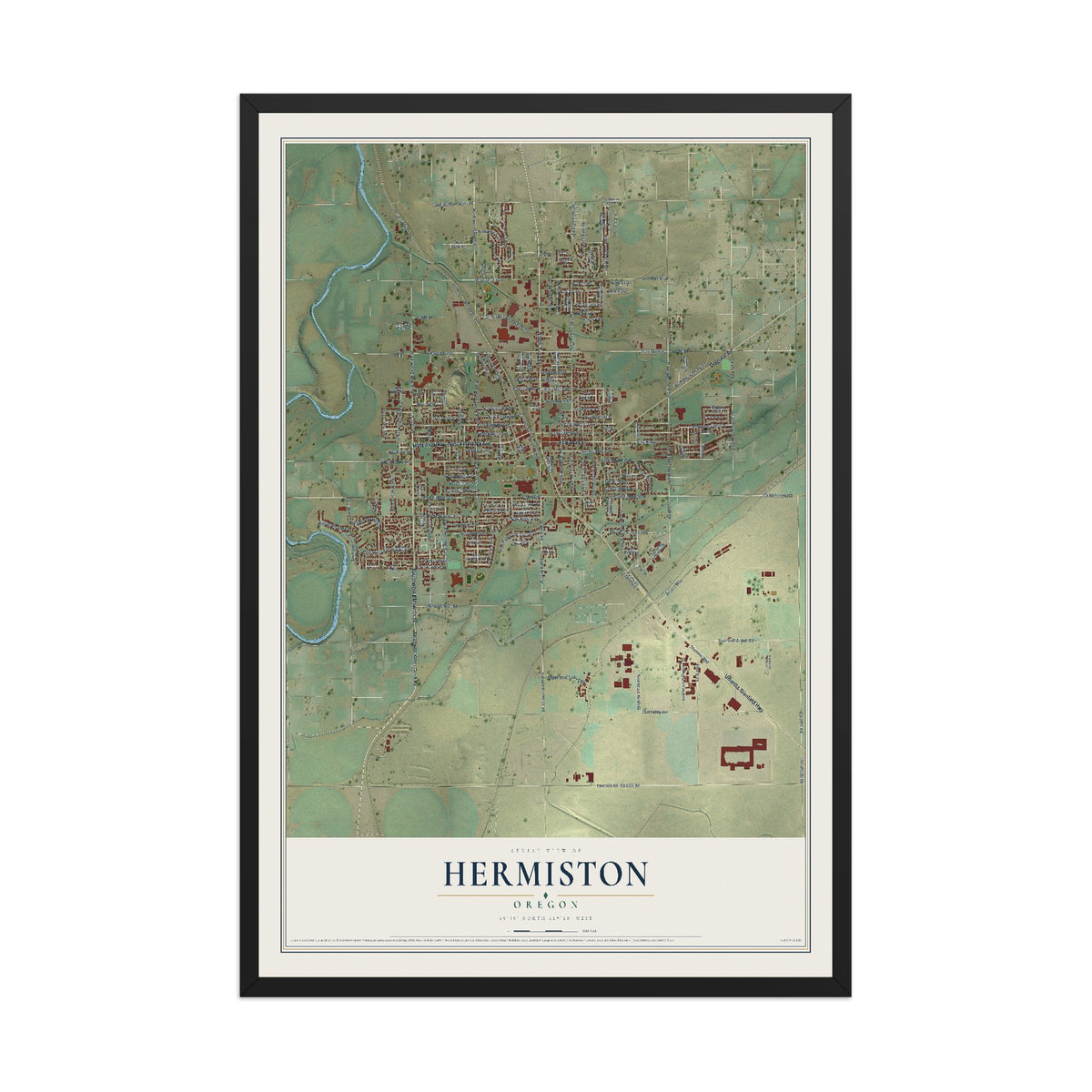 Map of Hermiston, Oregon, 12 x 18 inch print in a black wood frame